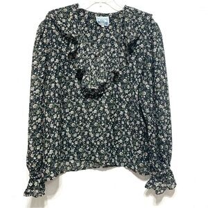 Vintage Evidence Black & Cream Long Sleeve V-Neck Lightweight Blouse Sz Large